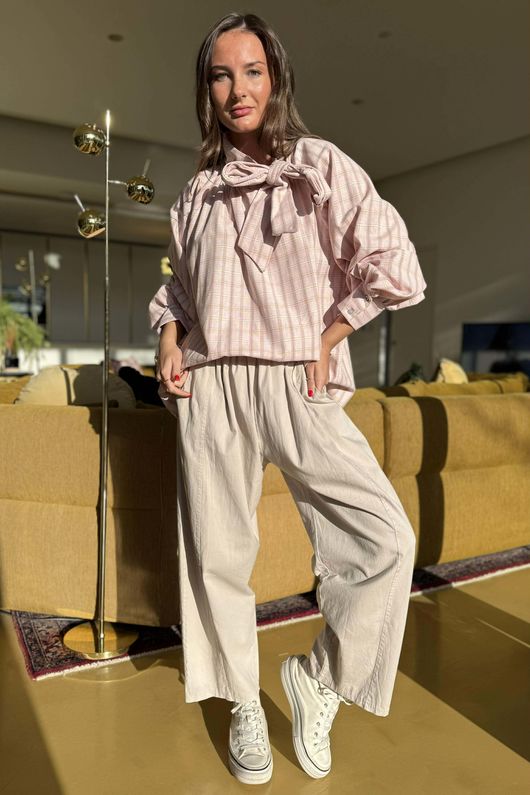 Ophelia Plaid Tie Neck Blouse Rose /15=